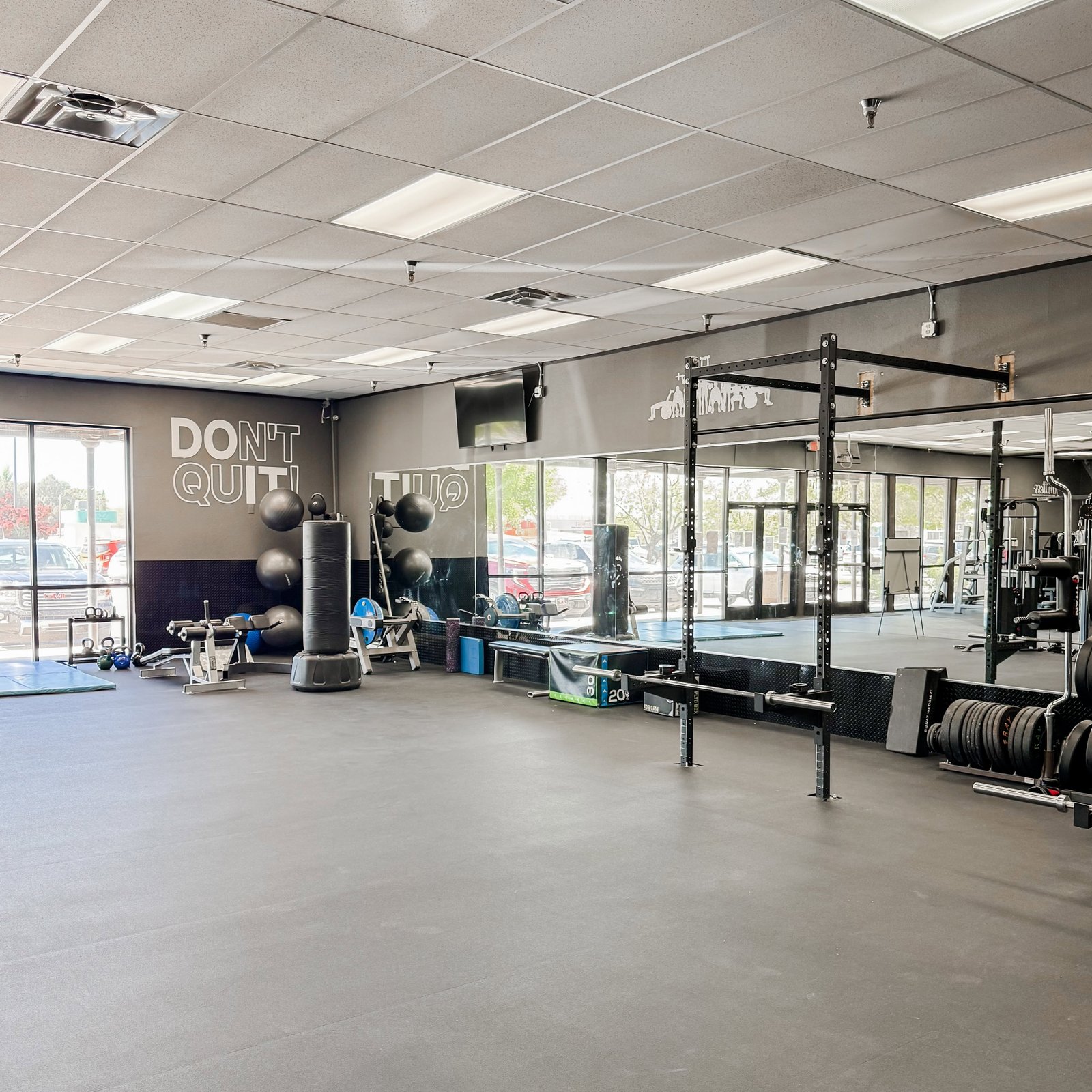 Functional training floor with squat rack and turf